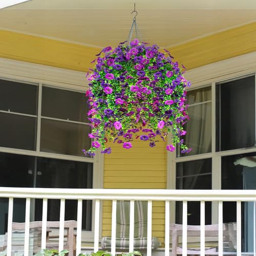 4Pcs Artificial Flowers Hanging Garden Decoration Outdoors Spring Realistic Plants Silk Flower Summer Fake Flowers for Porch Patio Balcony Planter Yard (Purple+Violet) - color: Purple+violet