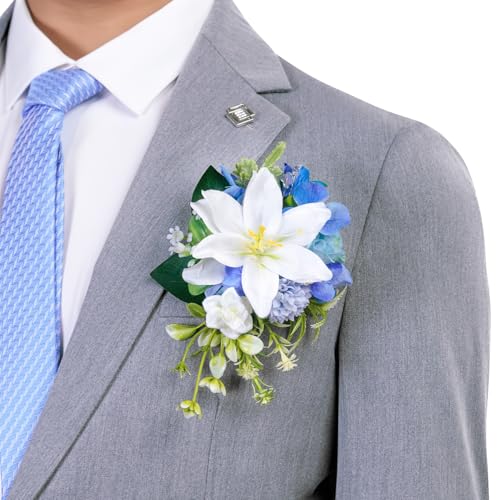 TINGE TIME Luxury Groom Boutonniere for Wedding, 1 PCS Pocket Boutonniere for Men, Artificial Corsage for Wedding, Prom, Homecoming, Anniversary, Graduation, Christmas Dinner (Provence Blue A) - color: Provence Blue a