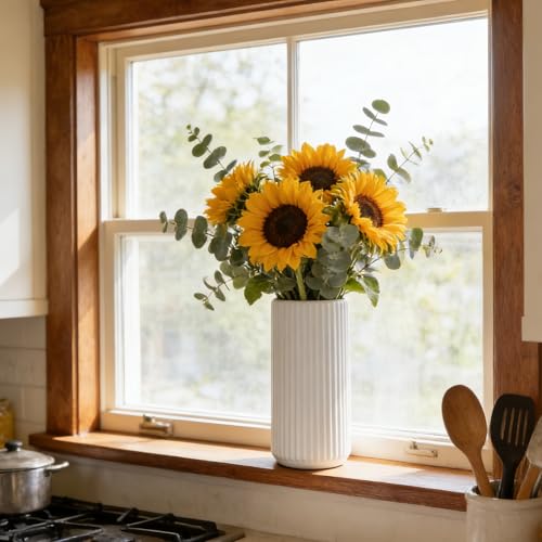 White Ceramic Flower Vase for Pampas Grass, 10 inch Large Decorative Centerpiece Ribbed Vase for Dining Table, Office Desktop, Shelf Bookshelf, Mantel, Entryway, Bathroom, Countertop, Farmhouse, Gift - color: Ceramic White, size: 10 inch