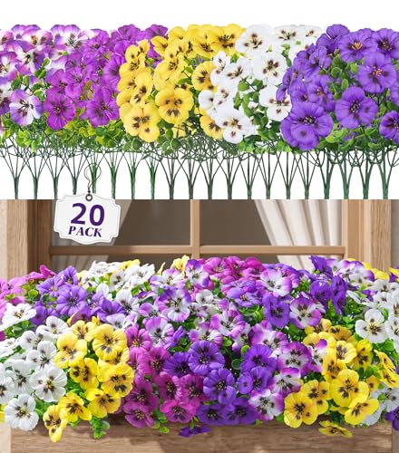 Ivydale 20PCS Artificial Fake Pansy Flowers for Outdoor Spring Summer Decor, Faux Silk Mixed Color Pansies UV Resistant Plants for Front Door Porch Yard Patio Window Box Home Decor - color: Purple Yellow White Gradient Purple Fuchsia