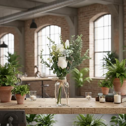Artificial White Rose Flowers with Glass Vase, Faux Eucalyptus Stems and Berry Bouquet, Silk Floral Arrangement for Home Table Decor, Farmhouse Wedding Centerpieces, Office Shelf Decorations