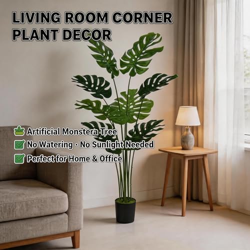 Artificial Bird of Paradise Plant Fake Tropical Palm Tree for Indoor Outdoor, Perfect Faux Plants for Home Garden Office Store Decoration (Monstera 120) | Artificial 120cm Swiss cheese plant for Home Garden Office Store Decoration UV protected maintenance