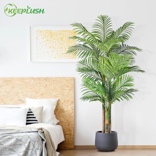 6ft Tall Triple Golden Cane Palm Artificial Tree Large Tropical Palm Tree UV Resistant Fake Plant in Pot for Indoor Outdoor Big House Living Room Outside Patio Office Home Decor 1Pack - size: 6ft