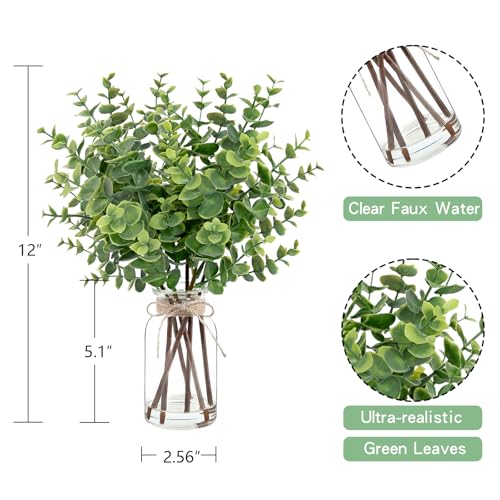 Artificial Eucalyptus Stems in Glass Vase with Faux Water,Artificial Plants Eucalyptus Leaves for Shelf Desk Bathroom Farmhouse Room Coffee Table Home Decor, Central Decoration. - color: Eucalyptus Leaves 3