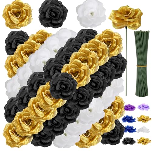 108pcs Roses Head Flowers with Stem - Black Gold White Graduation Artificial Flowers Rose Bulk - Silk Rose Fake Flower for Birthday Wedding Baby Shower Centerpieces Gold Theme Grad Party Tables Decor - color: White-black-gold