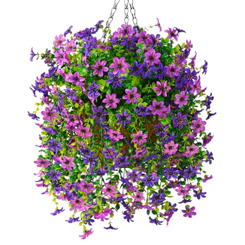 INQCMY Artificial Faux Hanging Flowers Plants Basket for Outdoor Outside Spring Summer Decoration,UV Resistant Fake Silk Daisy in Planter Resistant Look Real for Home Porch Balcony Patio Yard Decor - color: Double Purple
