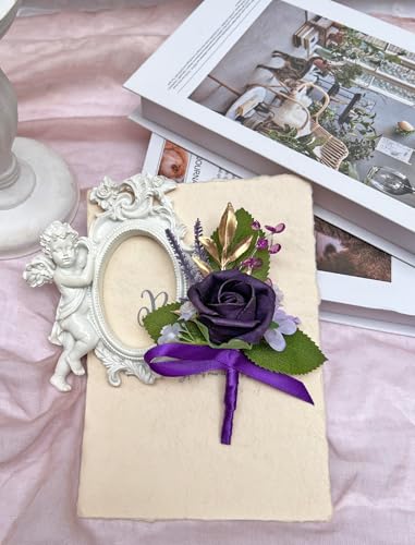 Marriwise 6pcs Rose Boutonniere for Men, Artificial Flowers Wedding Groom Groomsmen Boutonniere for Wedding/Anniversary/Prom/Rustic Wedding/Homecoming (Dark Purple) - color: Dark Purple