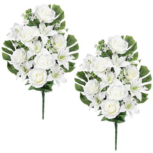 Briful 2 Set Artificial Cemetery Flowers for Grave, Silk Sympathy Grave Flowers Bouquet Fake Roses Lily Floral Arrangement for Outdoor Funeral Graveyard Headstones Vase Memorial Decor(White) - color: White