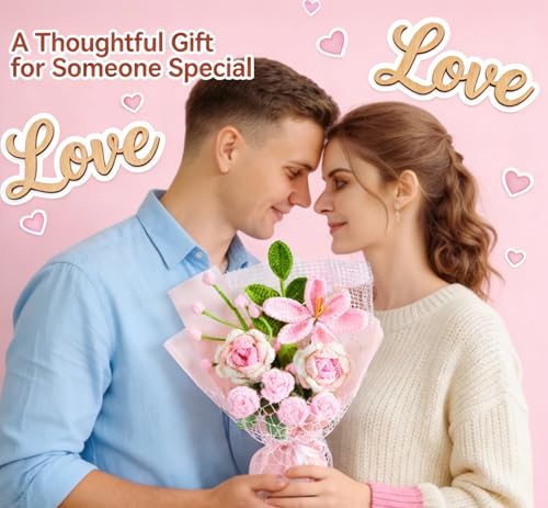 Crochet Flower Bouquet, Pink Crocheted Flowers Handmade Knitted Flowers Bouquet for Valentines Birthday Crochet Tulips Rose Bouquets Gifts for Flower Lovers (Including Gift Box and Card) - color: Z-pink