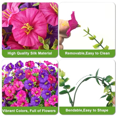 Artificial Flowers for Outdoors, 6-Pack 420 Blooms UV Resistant Hanging Morning Glory Silk Flowers Vines, Realistic Fake Plants Outside Decroation for Porch Patio Balcony Yard Garden (Purple + Lotus) - color: Purple+lotus