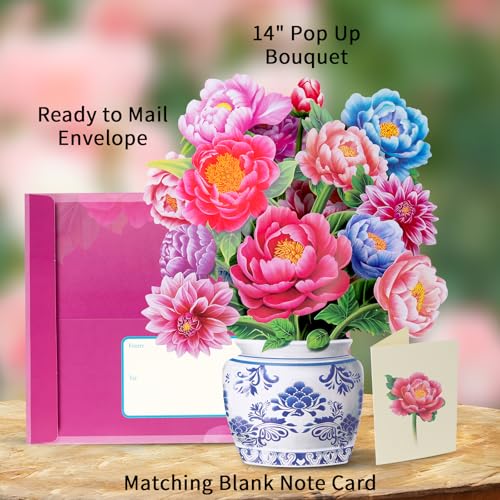 Airpark Pop Up Flower Bouquet Card for Women, 3D Floral Greeting Card with Envelope and Note, Birthday Thank You Thinking of You Get Well Gift for Mom Friend Wife Teacher, Peony - style: Peonies