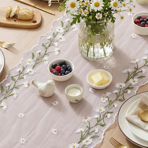 Artoid Mode Daisy Floral Light Pink Shaped Gauze Embroidery Table Runner 120 Inch 10FT, Tulle Spring Summer Kitchen Dining Table Decor for Home Party - color: Light Pink