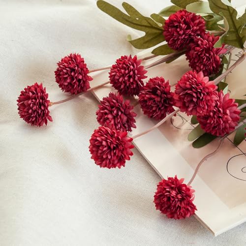 Laelfe Artificial Kiku Flower Wind Red- 5 Pcs Fake Pompon Mums Silk Small Chrysanthemum Faux Ball Fall Flower Stem Decor for Wedding Filler DIY Bouquet Centerpieces Arrangements Shower (Dark Red) - color: Dark Red