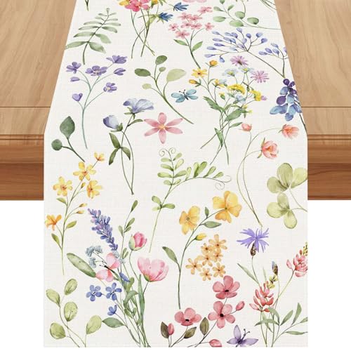 Watercolor Flowers Spring Table Runner Farmhouse Spring Summer Easter Flower Floral Home Kitchen Dining Room Table Decorations 13x48 Inch - size: Table Runner,13" x 48"