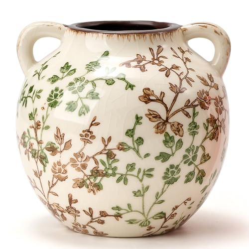 Green and Beige Antique Vase, 5.6 Inch Vintage Chinoiserie Floral Vase, Rustic Ceramic Vase for Home Decor, Living Room, Bookshelf, Office, Entryway, Garden, Chinoiserie Decor, Tuscan Decor - color: Beige and Green- 5.6"