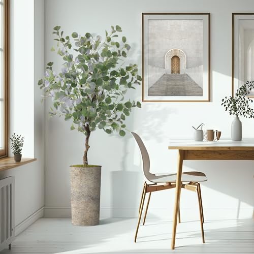 Artificial Tree in Off-White Texture Planter, Fake Eucalyptus Silk Tree for Indoor and Outdoor Home Decoration - 66" Overall Tall (Plant Pot Plus Tree) - style: Eucalyptus Tree