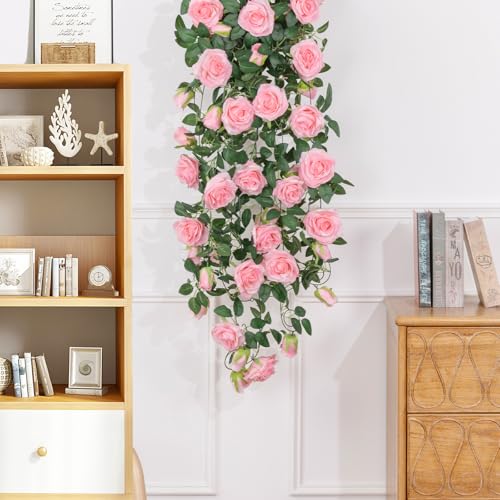 U'Artlines 5 Pack Artificial Pink Rose Vines Floral Garlands Total 32.5 Ft Fake Vine Silk Flower Garland for Indoor Outdoor Home Wedding Arch Garden Wall Decoration - color: Pink, size: Set of 5