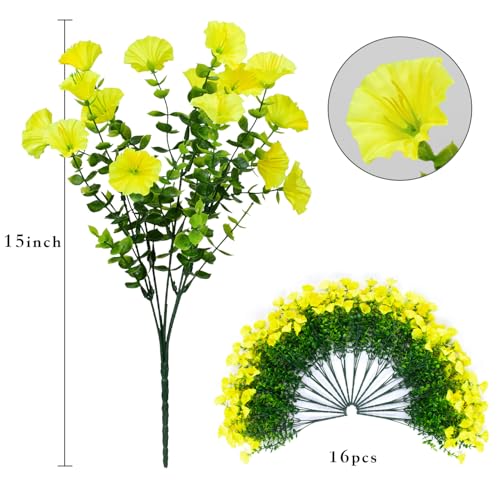 LikSoor 16 Bundles Artificial Flowers Outdoor Spring Summer Decoration Fake Silk Colorful Daisy Eucalyptus Realistic UV Outside Faux Plants for Garden Porch Window Box Home Decor Morning Glory Yellow - color: Morning Glory Yellow