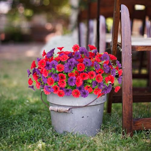 ADXORA 12 Bundles Morning Glory Artificial Flowers for Outdoor Decoration UV Resistant Fake Plastic Plants Artificial Greenery for Indoor Outdoor Garden Patio Window Box Home Decor - color: Red,dark Purple