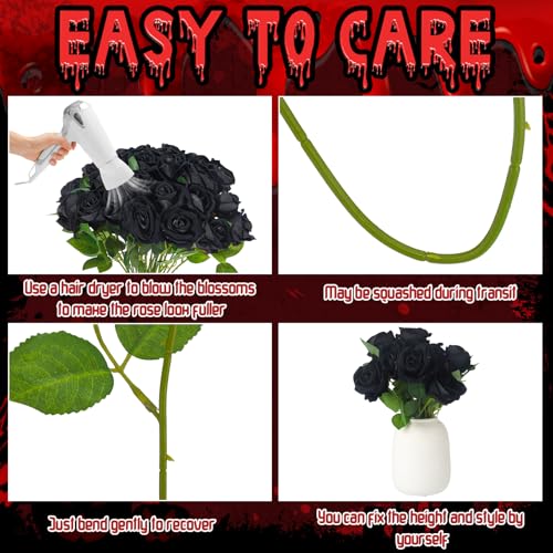 36 Pcs Black Rose Bouquet Bridal Artificial Flowers,Fake Rose Long Stem Realistic Artificial Flowers Bulk for Wedding Bouquet Ball Arrangement Centerpiece Party Decor - color: Black