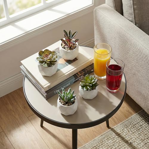 MyGift Miniature Artificial Succulents, Indoor Fake House Plants in Round White Geometric Ceramic Pots, Set of 4 - color: White (Set of 4)