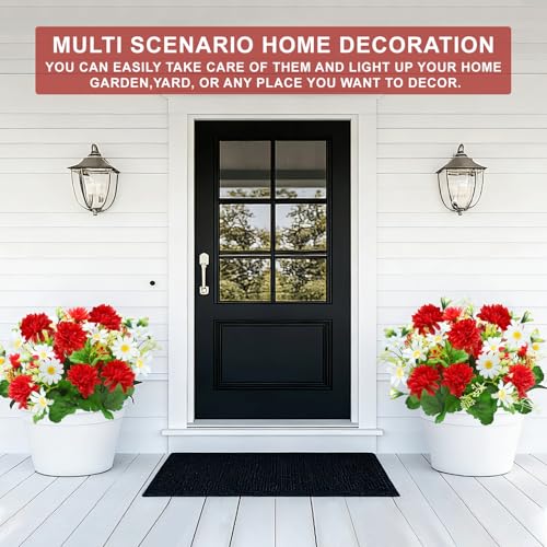 44 Heads Artificial Flowers for Outdoors, 4 Bunches 17 Inch Dahlia Daisies Mum Fake Plants UV Resistant Faux Flower Bouquet Cemetery Flowers for Grave Spring Summer Decor Mothers Day Indoor Home (Red) - color: Red