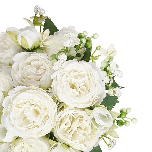 Mkono Peonies Artificial Flowers, Small Silk Flowers for Home Decor Indoor Fake Bouquet Faux Floral Arrangements Dining Table Centerpieces for Kitchen Party Decor White - color: White