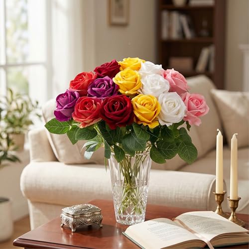 Auihiay 14PCS Mix Color Artificial Roses, Realistic Silk Fake Roses Flowers with Long Stem for Valentine's Day Gift, Baby Shower Centerpieces & Wedding Party Decor - color: Mix Color