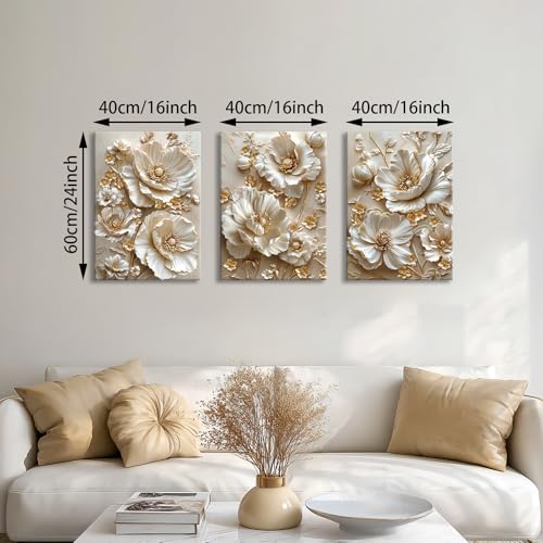 3 Pcs Modern Beige Gold Peony Floral Canvas Wall Art, Neutral Elegant 3d Beige Flowers Wall Painting White Blooming Floral Pictures Posters Art Print Home Decor for Bedroom Living Room Office 16x24x3 - color: Flower-gold peony, size: 16"x24"x3Pcs