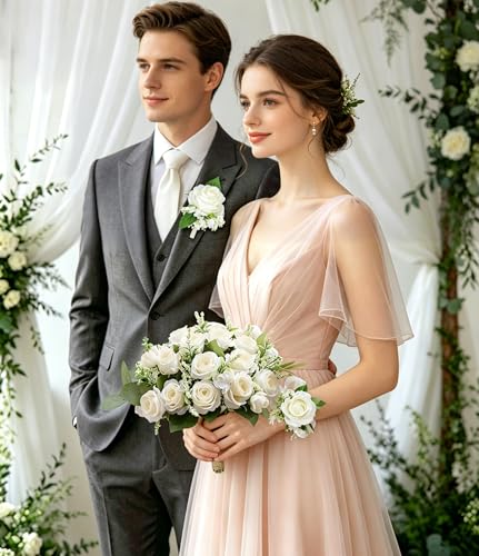 Ivory Bridesmaid Bouquets with Corsages & Boutonnieres for Wedding | 8.5In 6Pcs Artificial Roses Bridal Bouquet with 6 Corsages & 6 Boutonnieres for Wedding, Decoration, Ceremony, Anniversary - color: 6pcs Ivory Bride Bouquets With 6pcs Corsage & 6pcs Bou