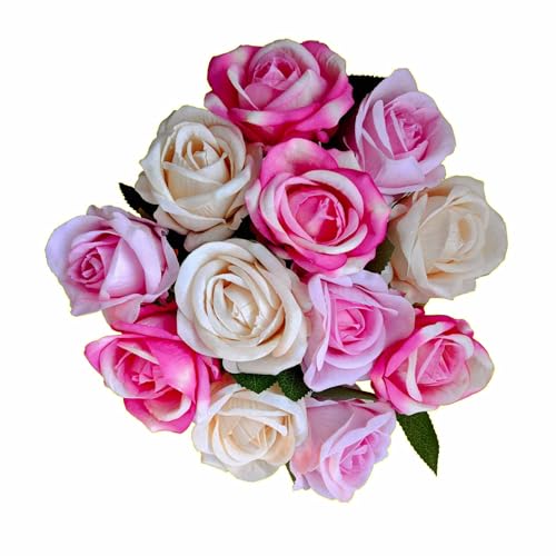 12PCS Artificial Realistic Silk Fake 3-Colored Roses Long Stem | 3 Colors Mixed Roses For Wedding Decoration, Party Table Decoration, Valentines Mother's Day - color: 4 Pink/4 Red/4 Champagne