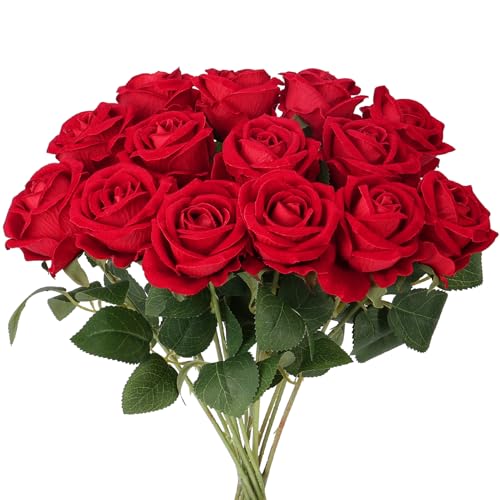 Auihiay 14PCS Red Roses Artificial Flowers, Fake Red Roses Bouquet with Long Stems for Father's Day, Romantic Valentine's Day, Anniversary, Wedding & Home Decoration - color: Red