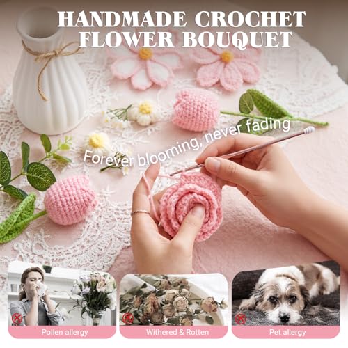 Crochet Flower Bouquet, Pink Handmade Knitted Flowers with Lights & Vase, Crochet Tulips Galsang Liliy Rose Daisy Flower for Mothers Day Graduation Wedding Lover Teacher Anniversary Birthday Gifts - color: Pink