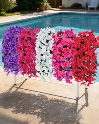 Artificial Flowers for Outdoors – 8 Bundles of UV-Resistant Artificial Bougainvillea, Realistic Silk Flowers for Front Porch, Patio, Garden, Window Boxes & Hanging Baskets (Red, 8) - color: Red, size: 8 Bundles
