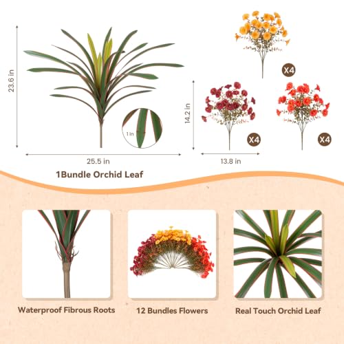 INXUGAO 13 Pcs Artificial Fall Flowers for Outdoors Fake Plant Autumn Decor | 12 Bundles Silk Morning Glory + Orchid Leaf UV Resistant Fake Flowers for Porch Planter Garden Patio Decor (Autumn Mixed) - color: Autumn Mixed