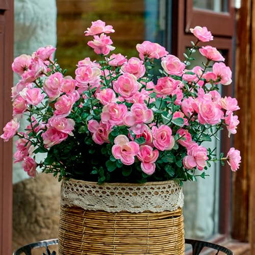 PONKING Artificial Flowers for Outdoors Patio Decoration 6 Bundles Fake Flower Rose UV Resistant Faux Plants Yard Garden Porch Home Boxwood Planter Patio Mothers Day Decor, Pink Flower - color: D Pink Rose 6pcs