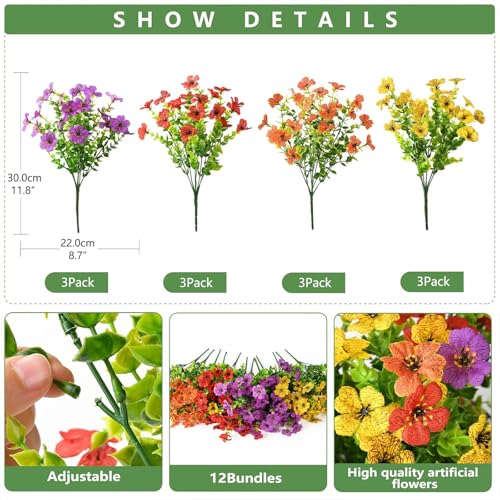 INQCMY Artificial Flowers for Outdoors Faux Plants Outdoor Fake Flowers Spring Decoration,12 Bundles Faux Silk Colorful Daisy Realistic UV Resistant for Outside Home Planter Window Porch Patio Yard - color: Purple,red,orange,yellow, size: 12 PCS