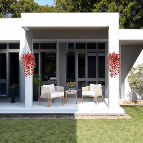 Ammyoo Artificial Hanging Flowers for Outdoors Fake Plants Decoration, 2 Pcs Faux Silk Daisy Flower Realistic Outdoor Flowers UV Resistant Porch Patio Window Yard Indoor Spring Decor(Red) - color: Red