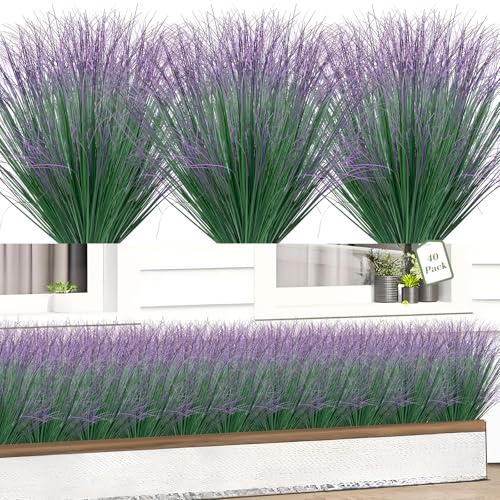 40 Bundles Fake Grass Plants Artificial Plants Outdoor Faux Plants Tall Shrubs Wheat Grass Greenery Stems UV Resistant Onion Grss For Outside Planters Indoor Room Vase Home Decor（Green Purple Tail） - color: Green Purple Tail, size: 40-Pack