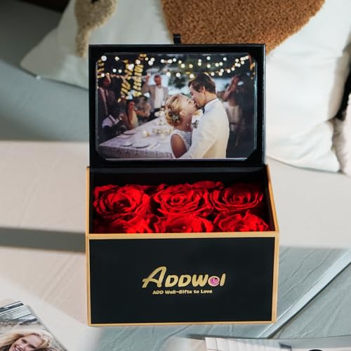 ADDWel Preserved Rose Gift Box with 4x6 Photo Frame, Romantic Flower Gifts for Women, Wife or Girlfriend, 6 Eternal Roses for Delivery on Christmas, Birthday, Anniversary, Valentine’s Day - color: Red
