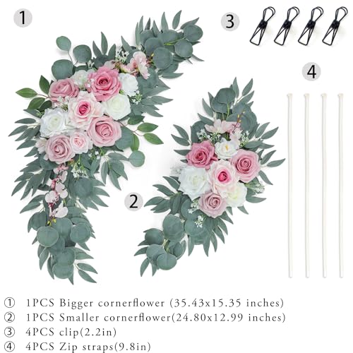 ponatia Artificial Wedding Arch Flowers Set of 2, Dusty Rose Pink & Ivory Floral Swags for Welcome Signs, Ceremony Arches, Reception Backdrops and Wedding Decor - color: Dusty Rose & Pink & Ivory