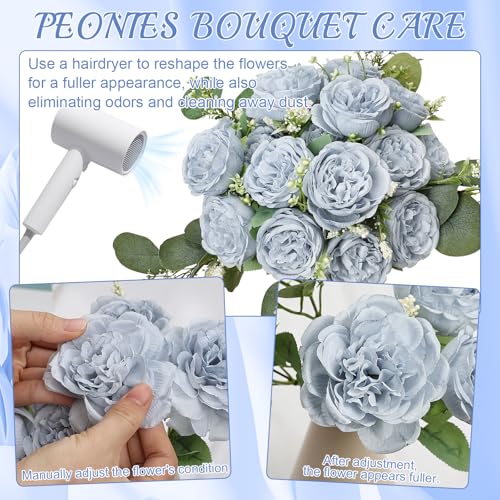 Peonies Artificial Flowers Bulk, 12 Bundles Fake Silk Peonies Faux Eucalyptus Bouquet Realistic Peony Floral Arrangement for Wedding Table Centerpiece Vase Decor (Dusty Blue) - color: Dusty Blue