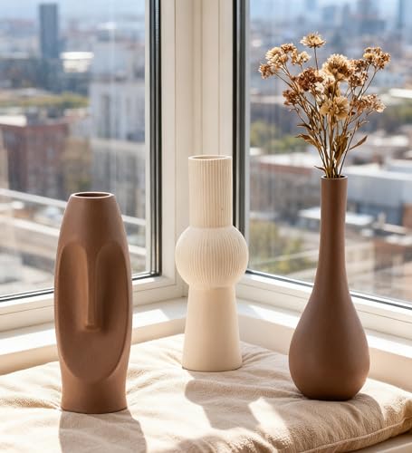 Ceramic Vase Set of 3 Home Decor Modern Farmhouse Style Living Room Ornament Dining Table Room Pottery Small Vases for Dried Flowers Colorful - color: Vt13 Brown/Beige