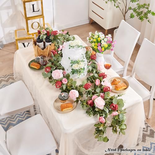 PONKING Flower Garland Artificial Rose Vine Flowers Hanging Fake Roses Vines for Wedding Birthday Party Valentines Christmas Room Wall Arch Decor, 2 Pink & 1 Red Floral Garland Decorations - color: Huge Flower Pink Vines 5.4ft