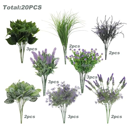 Green Moon 20PCS Artificial Plants Outdoor, Faux Lavender & Greenery Stems | UV Resistant Faux Outdoor plants, Artificial Flowers for Outdoors, Garden Patio Porch, Window Box, Spring Summer Home Decor - color: Lavender