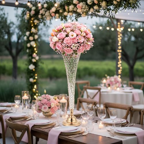 LemonRoad 2 Pcs 32 Inch Tall Gold Crystal Trumpet Vase for Centerpiece Wedding Extra Large Crystal Beaded Flower Vase with Metal Base for Table Floor Party Anniversary Birthday Banquet Celebration