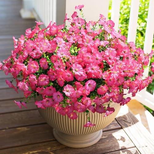 HyeFlora Artificial Flowers for Outdoors Fake Plants Outside Decoration, 12 Bundles Silk Pink Morning Glory with Eucalyptus UV Resistant Look Real Faux Flowers for Planter Front Door Yard Gardens Home - color: Gradient Pink