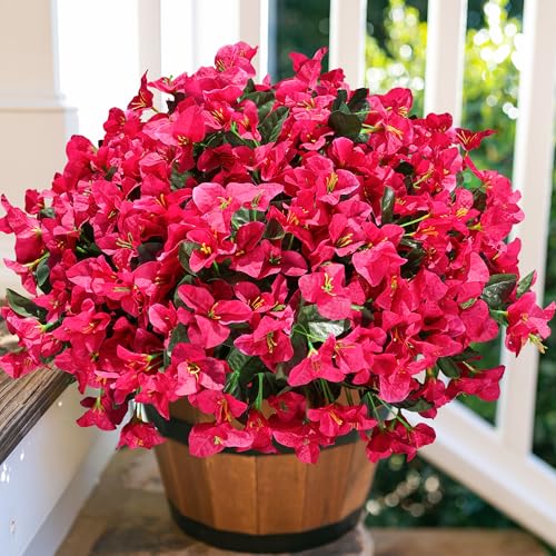 Fake Bougainvillea Artificial Flowers for Outdoors Spring Decor, 4 Bundles Outdoor Bougainvillea Silk Flowers for Outside Faux Plants UV Resistant Realistic for Planter Patio Porch Garden, Hotpink - color: Hotpink
