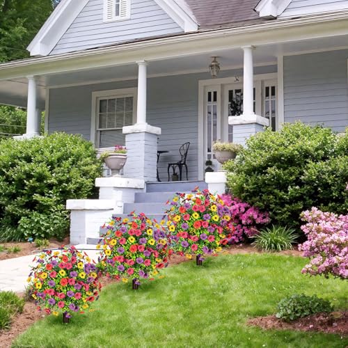 ICX 23.6" Artificial Boxwood Topiary Ball Trees with Flowers Set of 2 | Outdoors Fake UV Resistant Plants Faux Eucalyptus Shrubs Bushes for Porch Patio Garden (Mixed Color) - color: Mix