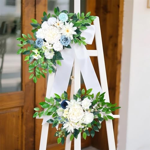 Artificial Wedding Arch Flowers (Pack of 2), White Wedding Flowers for Wedding Welcome Ceremony Sign, Faux Floral Swags, Banquet and Reception Backdrop Floral Decoration (White & Blue) - color: White & Blue